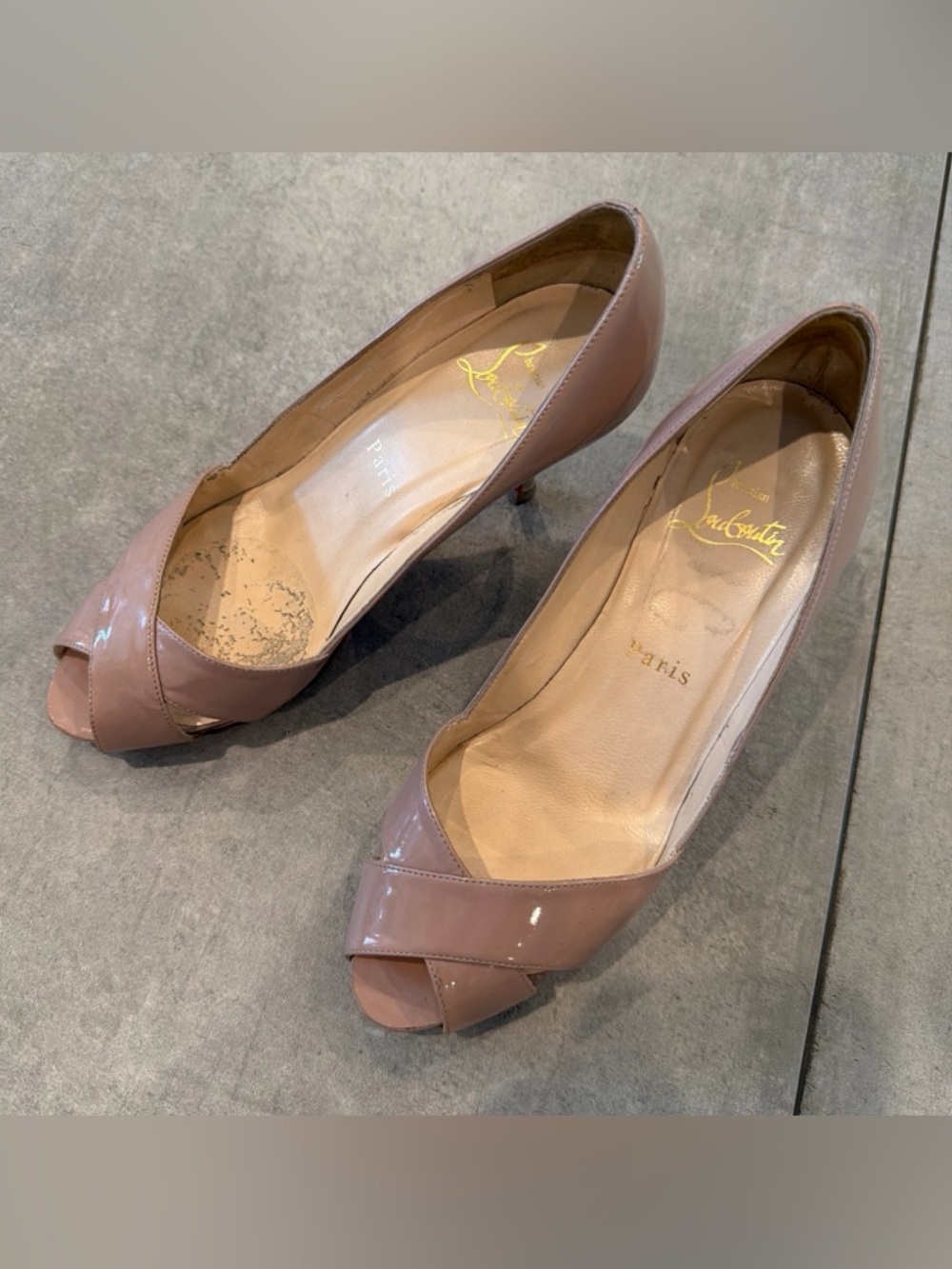 Christian Louboutin Shelley Nude Patent Leather Peep Toe Pumps Size 35.5 US 5.5